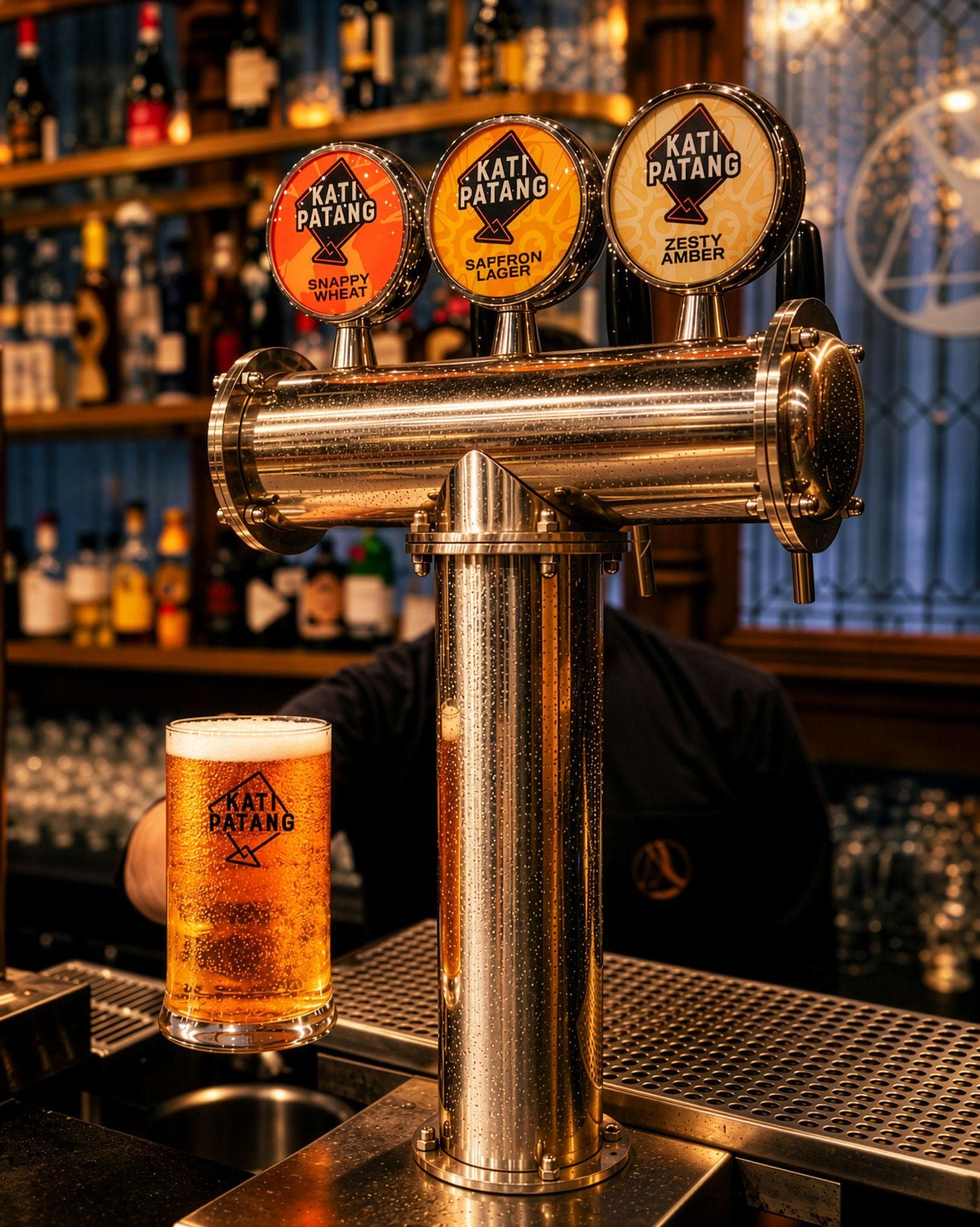 Kati Patang Snappy Wheat, Saffron Lager, and Zesty Amber taps at a bar